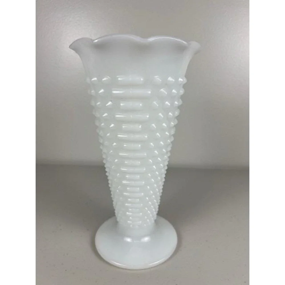 Vintage Anchor Hocking Milk Dot Dash Glass Hobnail Scalloped Trumpet Vase Footed
